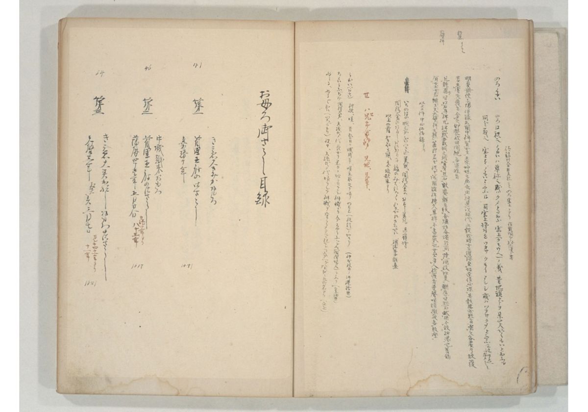 Facing pages of an 1895 handwritten copy of Omoro sōshi, a collection of Ryukyuan songs, in the Iha Fuyū Collection.